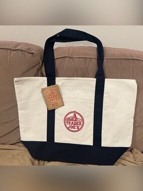 Trader Joe's Canvas Tote Bag in White and Navy